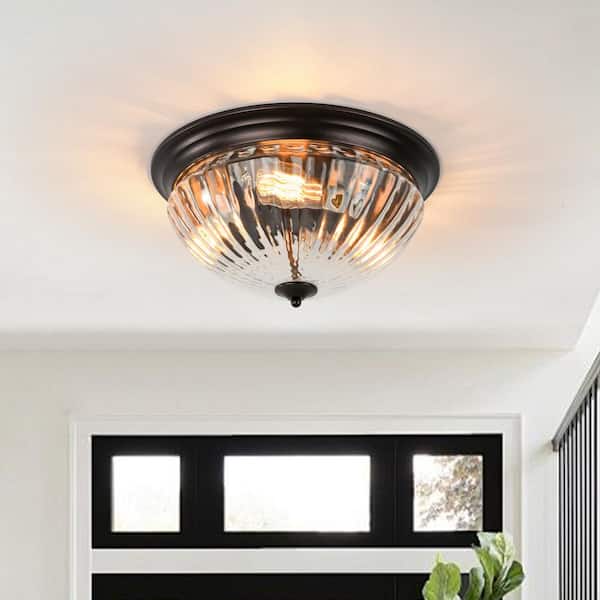 HUOKU Seta 16.7 in. Dia 3-Light Mushroom-Shaped Flush Mount Ceiling Light in Oil Rubbed Bronze with Ribbed Glass Shade 1 Pack