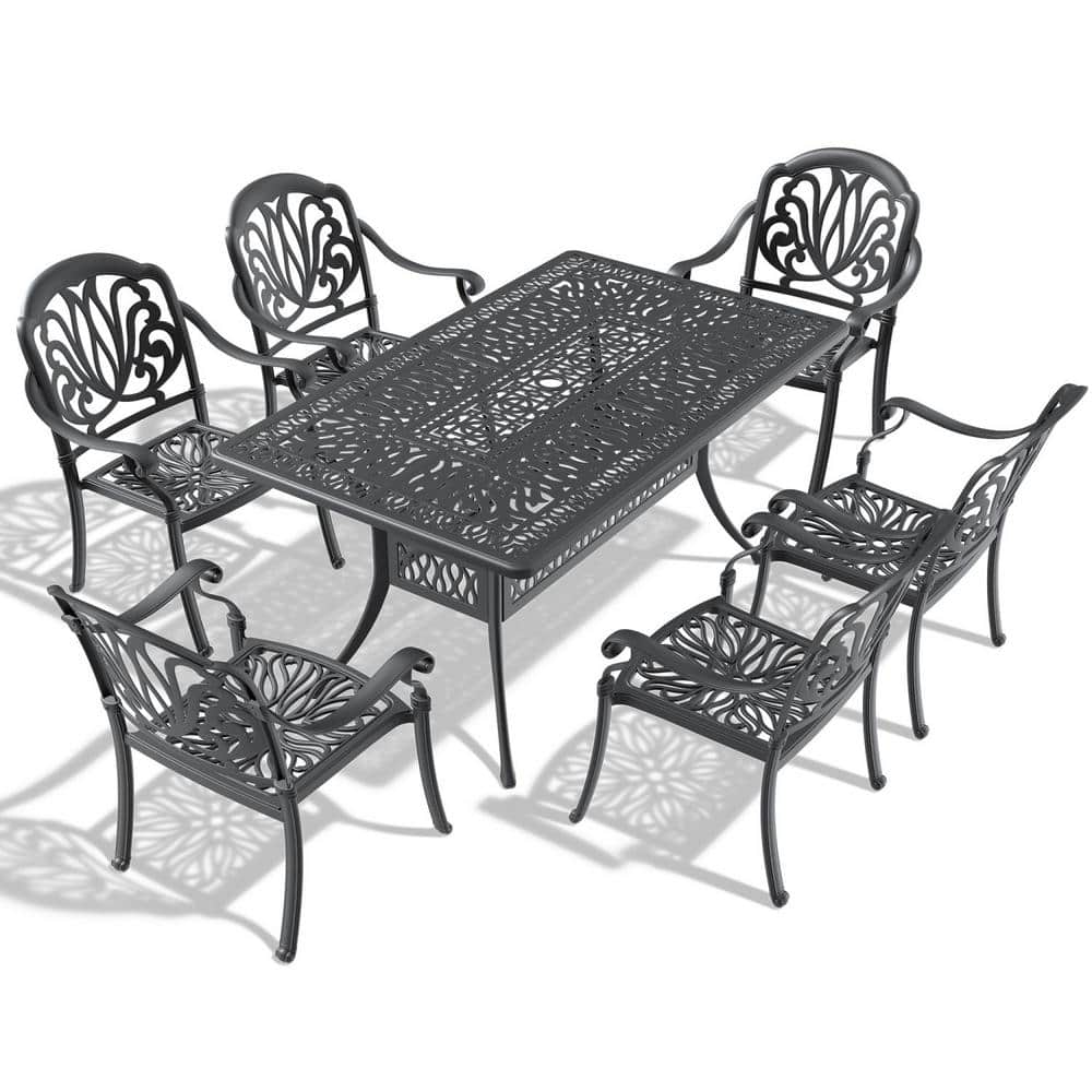 Black 7-Piece Cast Aluminum Patio Conversation Set with Black Frame and Ran
