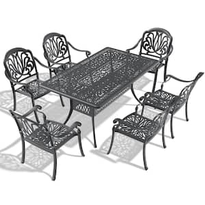 Black 7-Piece Cast Aluminum Patio Conversation Set with Black Frame and Random Solid Color Cushions