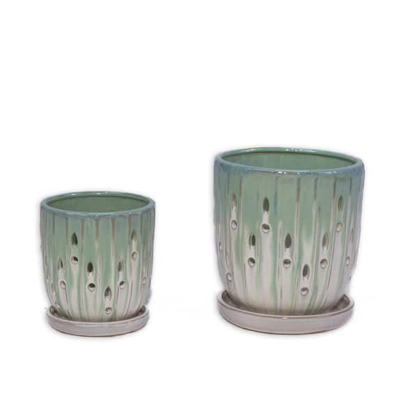 Katherine 6.1 in. and 8.07 in. Tall White & Green Round Ceramic Patio Outdoor Planter Set (2-Pack)
