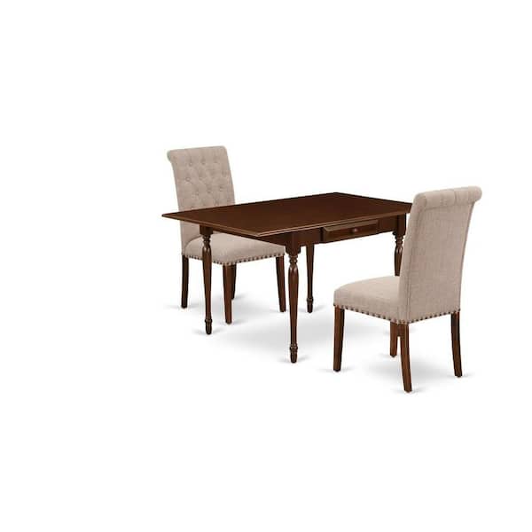 East West Furniture 3-Piece Mahogany Finish Solid Wood Top with Dropleaf Dining Table Set