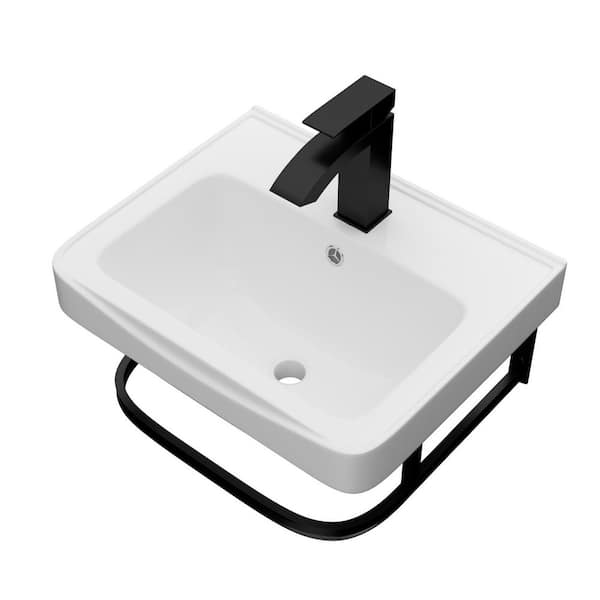 17 in Wall-Mounted Rectangular Bathroom Sink in White With Black Faucet