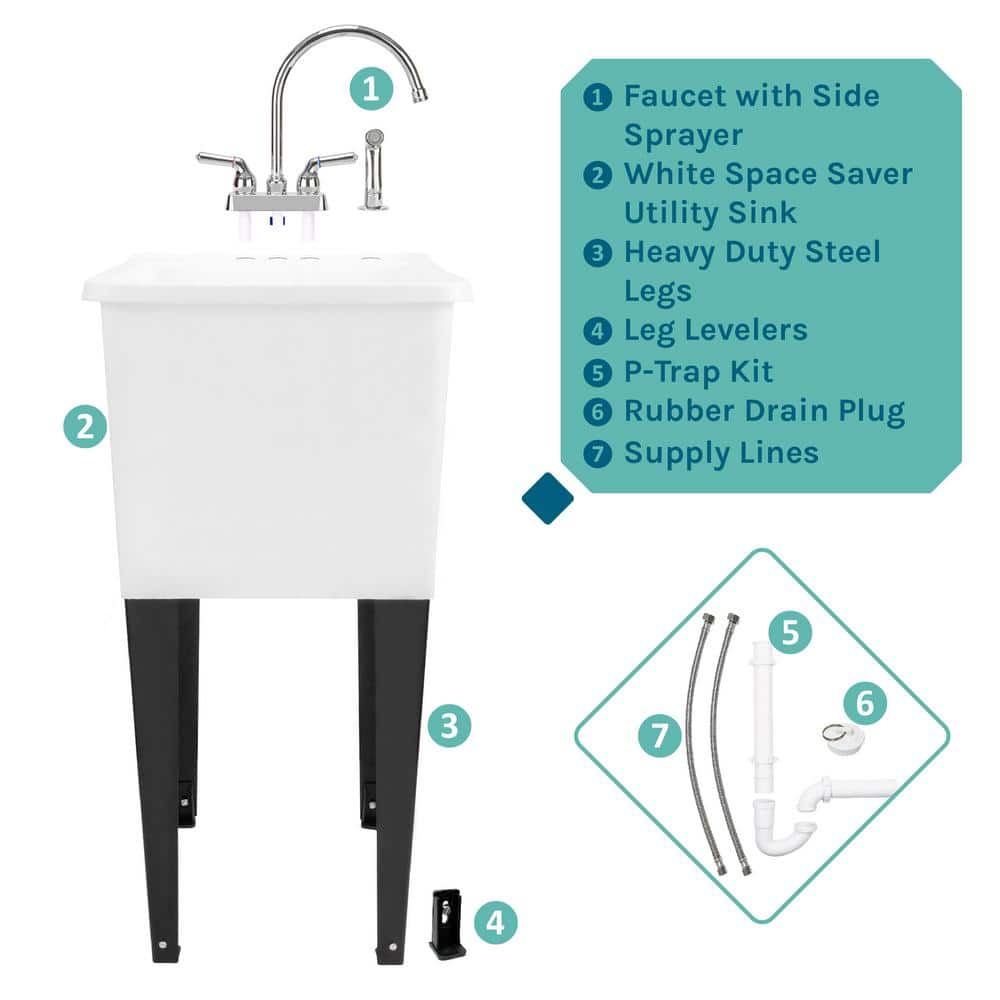 White Freestanding Utility Sink with Chrome Faucet and Sprayer
