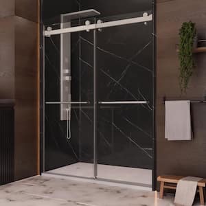 Luna 56 in. W x 76 in. H Sliding Frameless Shower Door in Brushed Nickel Finish with Clear Glass
