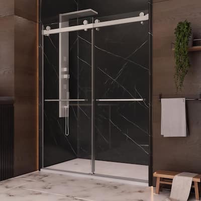 Luna 56 in. W x 76 in. H Sliding Frameless Shower Door in Brushed Nickel Finish with Clear Glass