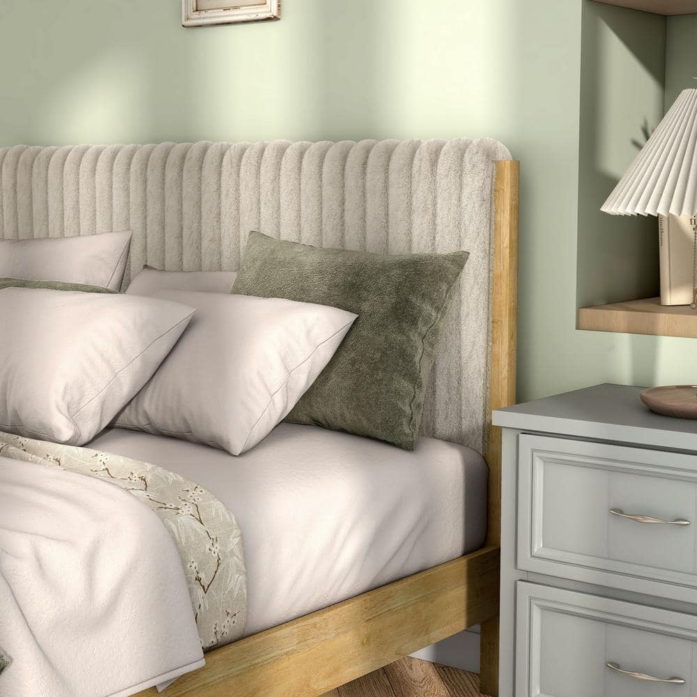 Alder Light Brown Rubberwood Queen Bed with Upholstered Headboard