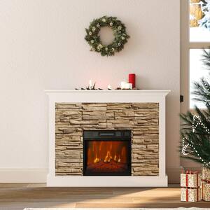 47.2 in. W Freestanding Stone Style Mantel Including Electric Fireplace in White