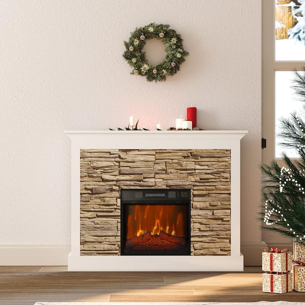 ARK DESIGN 47.2 in. W Freestanding Stone Style Mantel Including Electric Fireplace in White