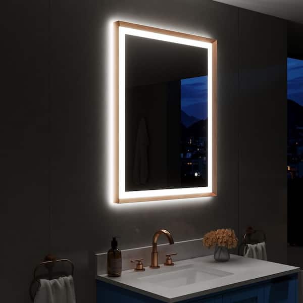 28 in. W x 36 in. H Rectangular Framed Backlit Front Light Slope Wall Mounted LED Bathroom Vanity Mirror in Brushed Gold