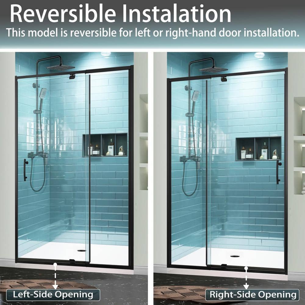 48 in. Matte Black Semi-Frameless Pivot Shower Door with Clear Glass