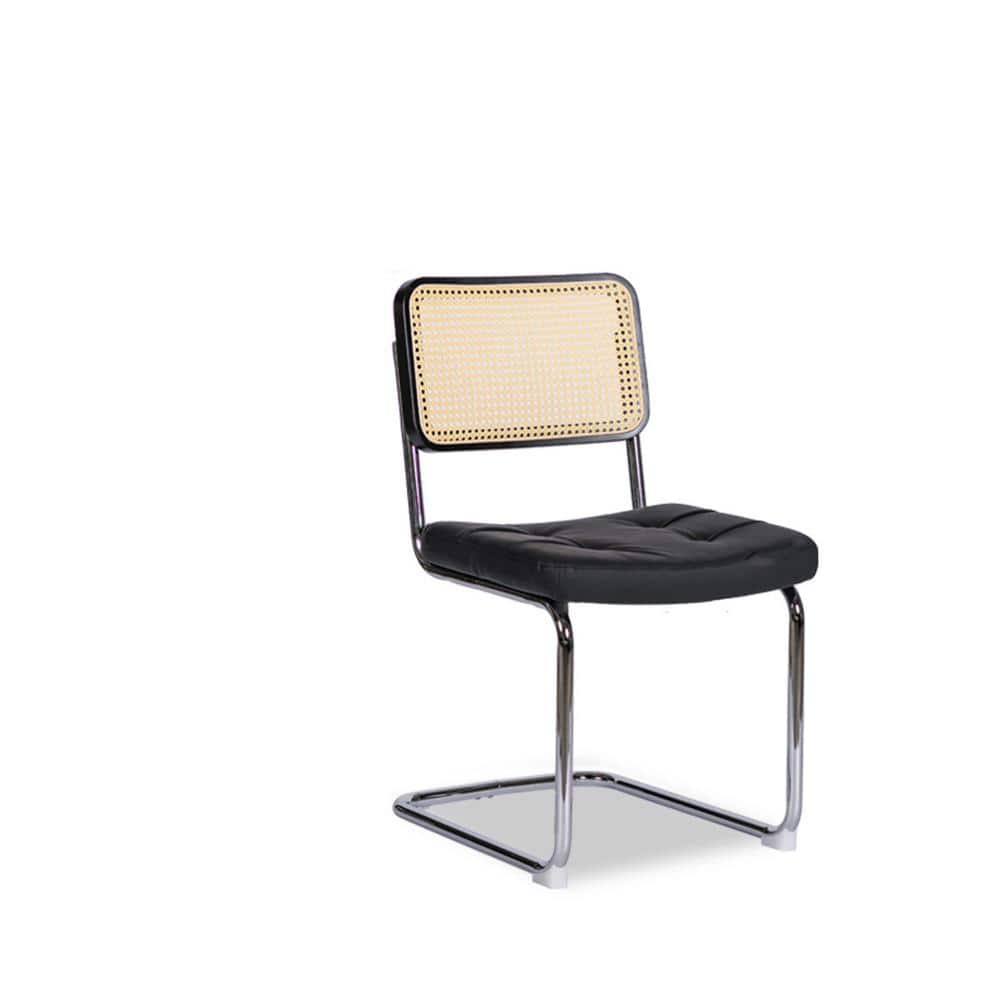 2 Pieces Metal Outdoor Dining Chair with Black Cushion, Fauex Leather Ratta