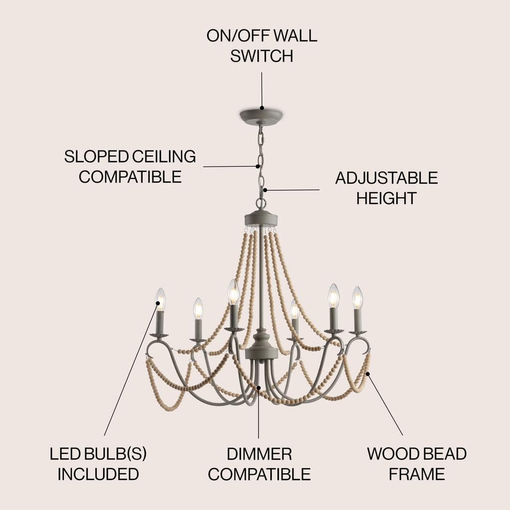 Rustica 27" Gray Metal and Wood Bead Chandelier