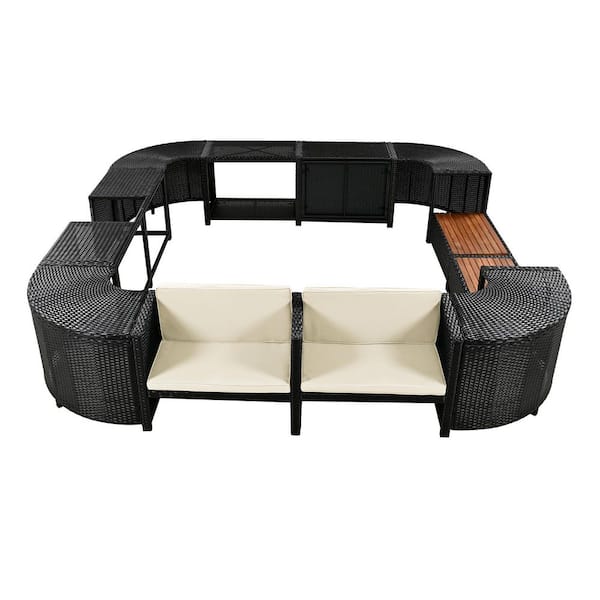 Sudzendf Wicker Rattan Outdoor Sectional Set with Mini Sofa, Wooden Seats, Beige Cushions and Storage Spaces for Patio, Poolside