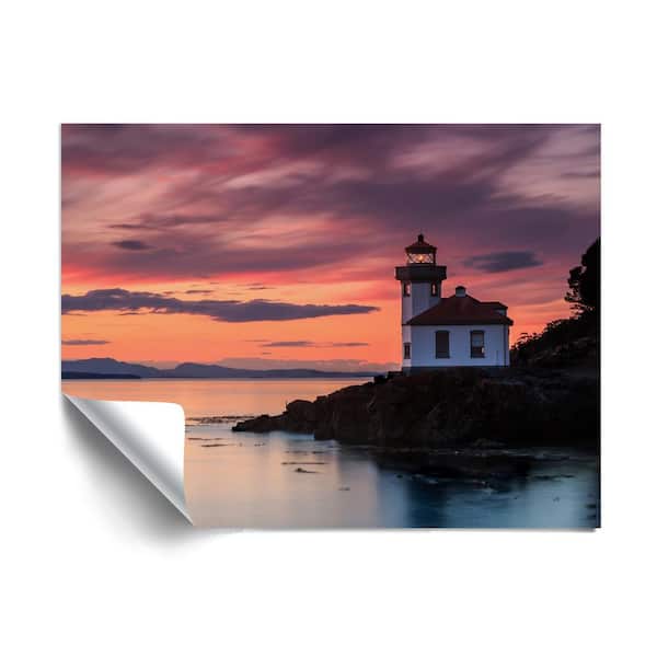 ArtWall "Orange sunset at Lime Kiln lighthouse" Beach and Natural Removable Wall Mural