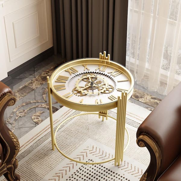 FUFU&GAGA 18.5 in. W Round Clock-Inspired Metal Indoor Side Table With Glass Top, Elegant Gear Mechanism and Gold Trim