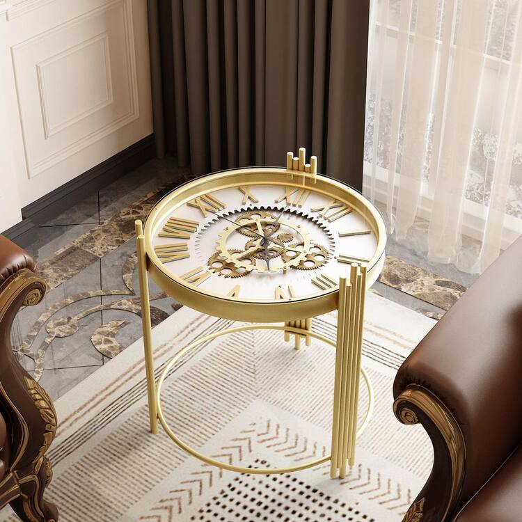 FUFU&GAGA 18.5 in. W Round Clock-Inspired Metal Indoor Side Table With Glass Top, Elegant Gear Mechanism and Gold Trim