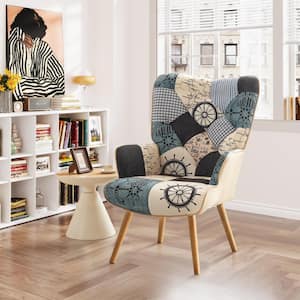 Blue Fabric Upholstered Accent Chair Wingback Armchair with Solid Wood Legs