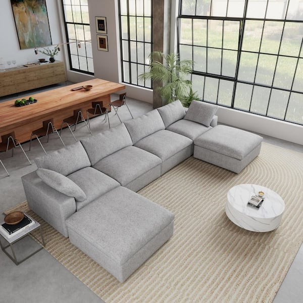 J&E Home 160.6 in. Square 6-piece Linen U-Shaped Free Combination Sectional Sofa with Storage, Removable Cover in. Gray 6-Seater