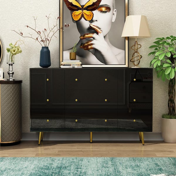 FUFU&GAGA Black Mirror Finished Wooden 9-Drawer 55.1 in. W Dresser, Chest of Drawers, Modern European Style