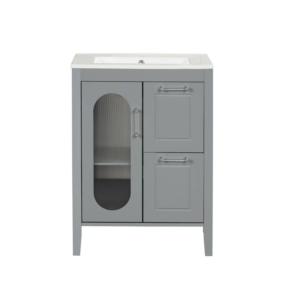 24 in. W x 18.3 in. D x 33.2 in. H Bath Vanity in Gray with White Ceramic Top, Adjustable Shelf and Glass Door price history on PriceWatchPro