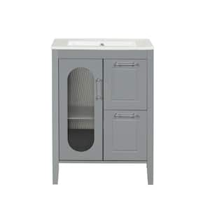 24 in. W x 18.3 in. D x 33.2 in. H Bath Vanity in Gray with White Ceramic Top, Adjustable Shelf and Glass Door