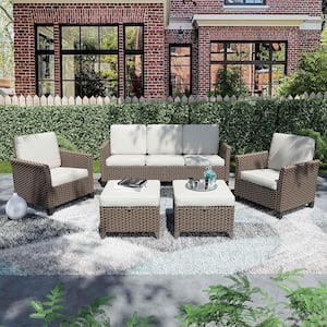 5-Piece Wicker Patio Conversation Set with Beige Cushions, 3-Seater Sofa, Lounge Chair, and Ottoman