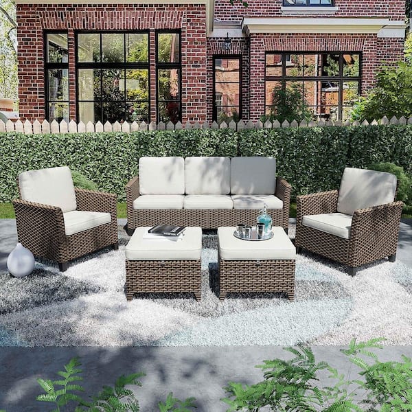 INMITOM 5-Piece Wicker Patio Conversation Set with Beige Cushions, 3-Seater Sofa, Lounge Chair, and Ottoman