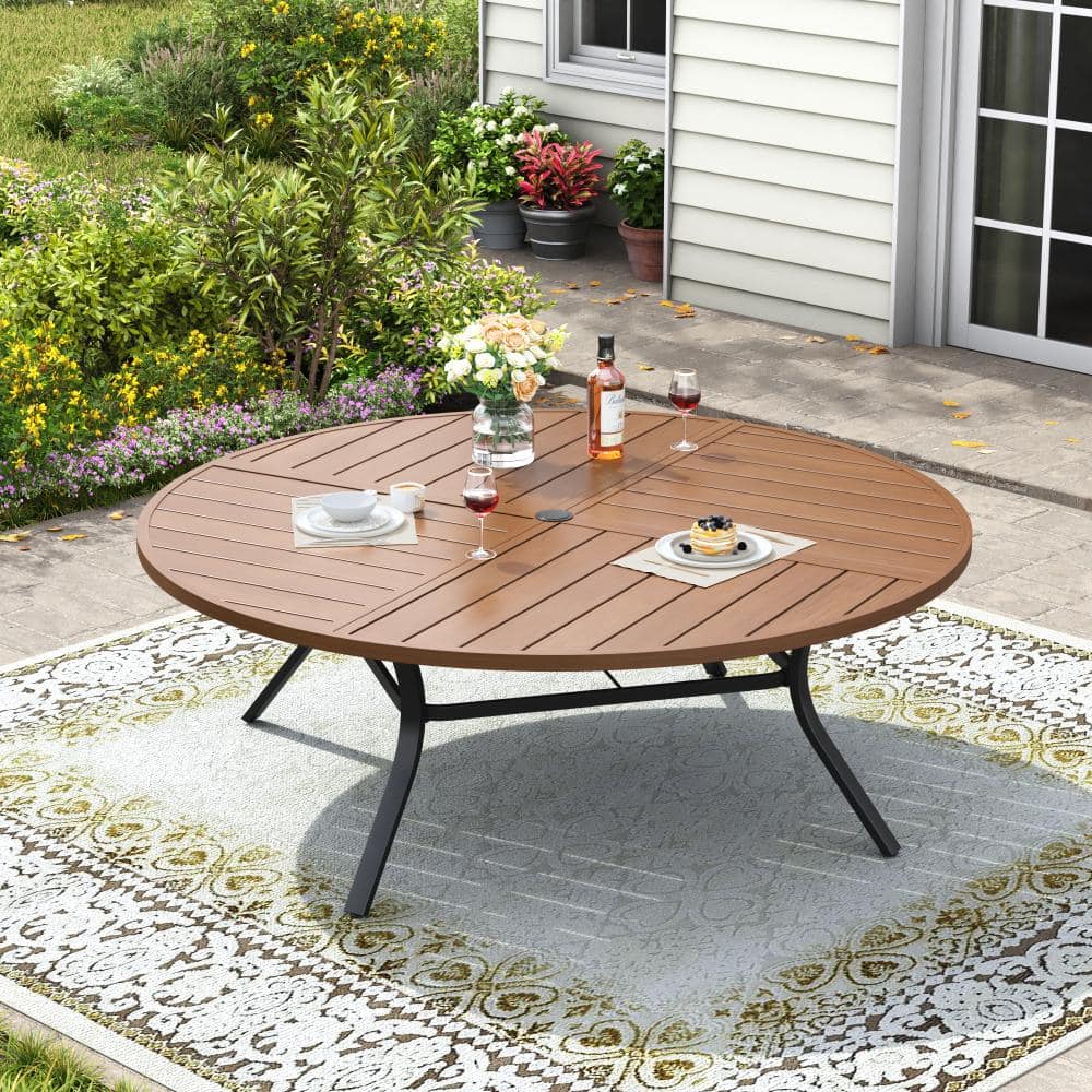 63 in. Walnut Round Metal Outdoor Patio Dining Table with Adjustable Umbrella Hole price history on PriceWatchPro