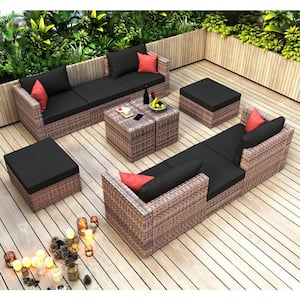 10-Piece Wicker Outdoor Sectional Conversation Sofa Set with Black Cushions & Red Pillows