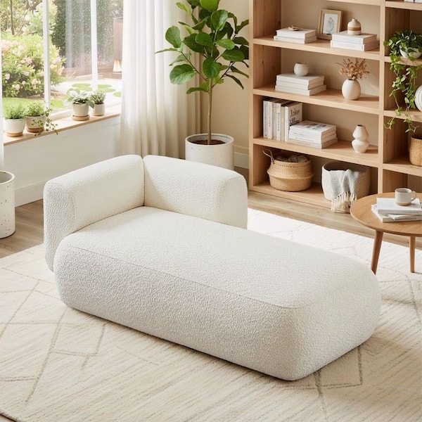 Zella Modern Cream Boucle Polyester Upholstered Chaise Lounge with Round Wooden Legs, Foam + Spring, Right Arm