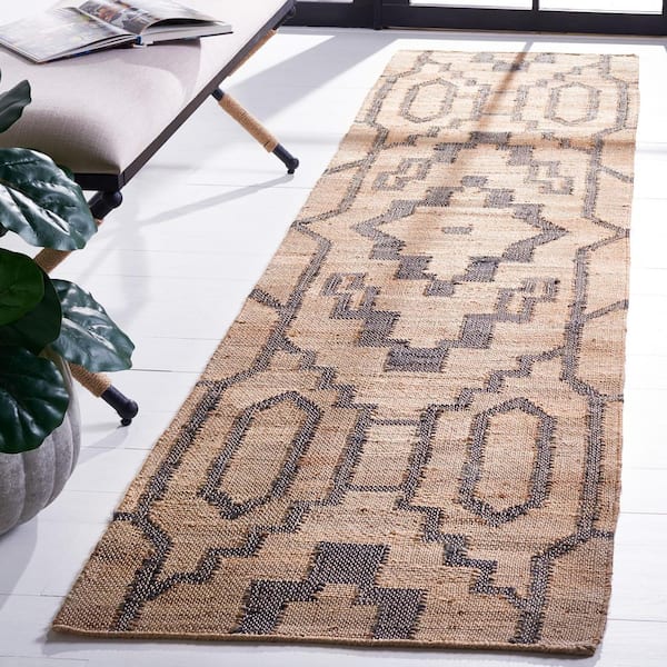 Natural Fiber Beige/Black 2 ft. x 9 ft. Modern Geometric Runner Rug
