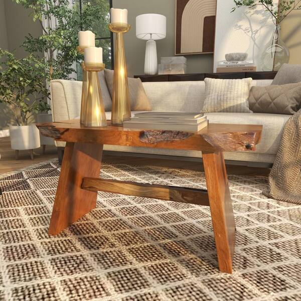 Litton Lane 35 in. Brown Irregular Teak Contemporary Coffee Table
