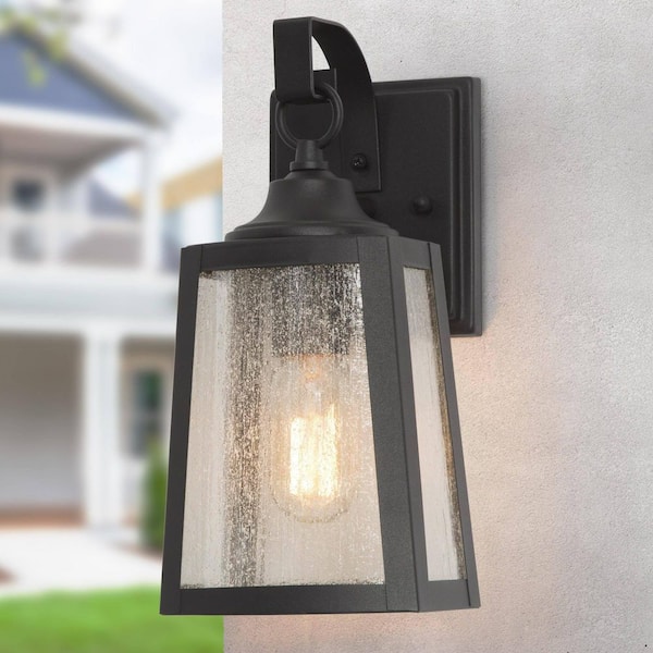 Uolfin 12 in. 1-Light Textured Black Outdoor Light Wall Sconce with Clear Seeded Glass (1-Pack)