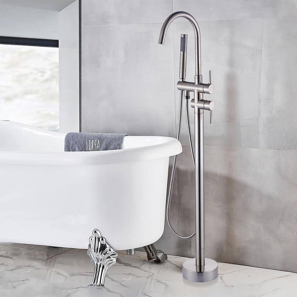 Brushed Nickel Freestanding Floor Mount Tub Filler Faucet with Handheld Shower