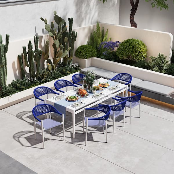 8 set of Blue Stackable Outdoor Hand-Woven Wicker Arm Dining Chair Aluminum Frame with PVC Cushion