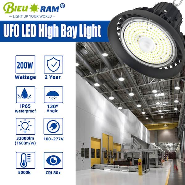 Bieuoram 200W Integrated LED Dimmable Balck High Bay Light, 32000LM 5000K Daylight, Commercial UFO High Bay Light, IP65, (3Pack)