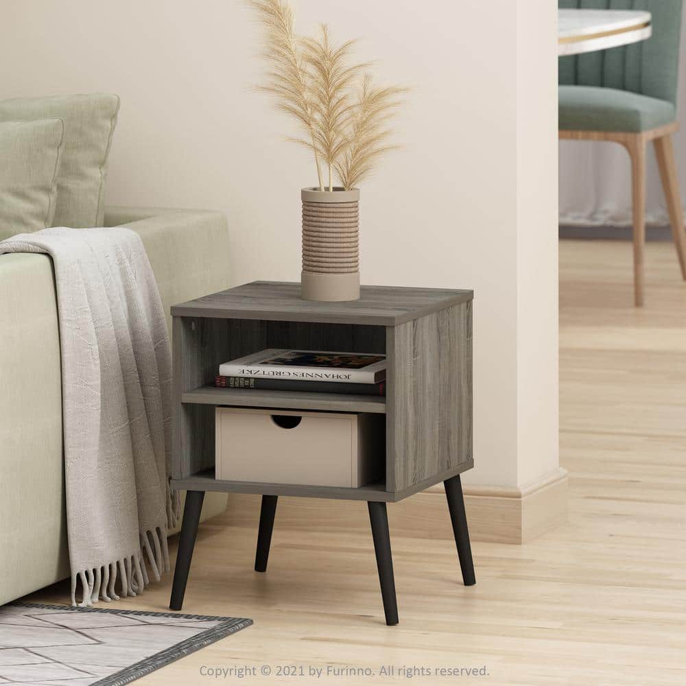 French Oak Grey Mid Century Wood End Table