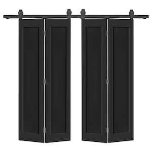 60 in. x 84 in. 1 Panel Shaker Hollow Core Black Composite Double Bi-Fold Door with Barn Door Hardware Kit