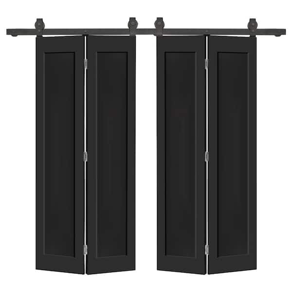 68 in. x 84 in. 1 Panel Shaker Hollow Core Black Composite Double Bi-fold Door with Barn Door Hardware Kit