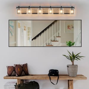 48.5 in. 6-Light Black Farmhouse Vanity Light Fixture with Brown Faux Wood Accent and Seeded Glass Shades