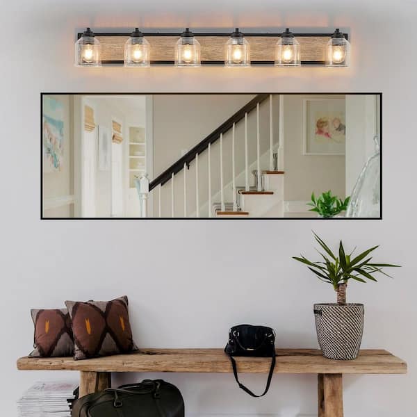 48.5 in. 6-Light Black Farmhouse Vanity Light Fixture with Brown Faux Wood Accent and Seeded Glass Shades