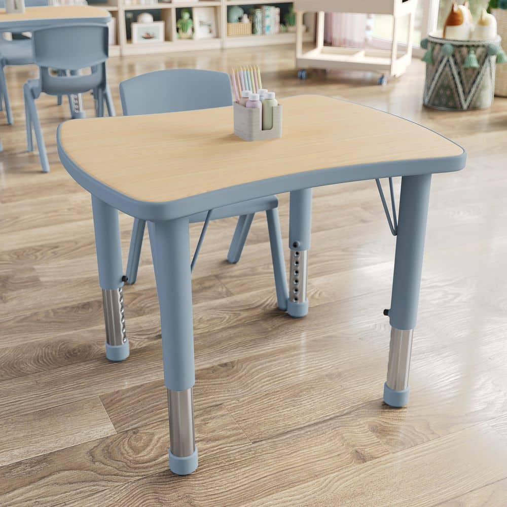 Wren Adjustable Natural Woodgrain/Dusty Blue Rectangle Kids Activity Table for 2