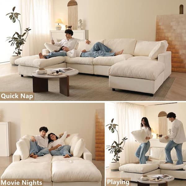 100 in. Square Arm 5-Piece Chenille L-Shaped Modualr Sectional Sofa with Detachable Covers, Ottoman in. Beige for Office