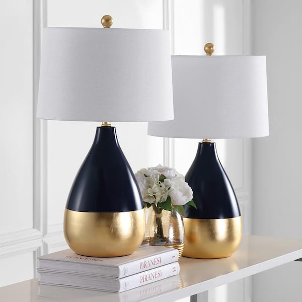 Kingship 24 in. Navy/Gold Gourd Table Lamp with Off-White Shade (Set of 2)