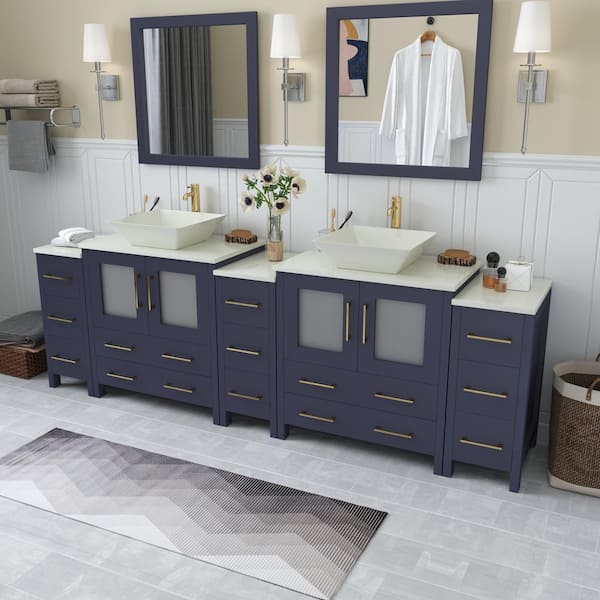 Ravenna 96 in. W Bathroom Vanity in Blue with Double Basin in White Engineered Marble Top and Mirrors
