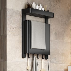 16 in. Wall-Mounted Electric Plug-in Lavatory Towel Warmer Single Towel Holder with Heated Towel Bars, 4 Hooks, in Black