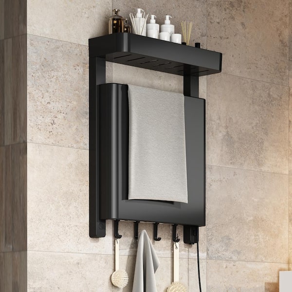 FUFU&GAGA 16 in. Wall-Mounted Electric Plug-in Lavatory Towel Warmer Single Towel Holder with Heated Towel Bars, 4 Hooks, in Black