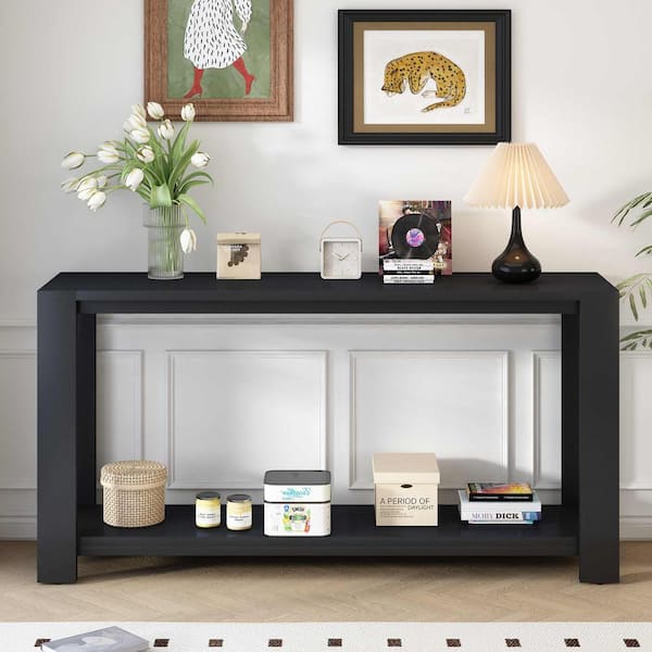 Polibi 59.8 in. Black Rectangle Wood Console Table with Bottom Shelf and Four Legs, Suitable