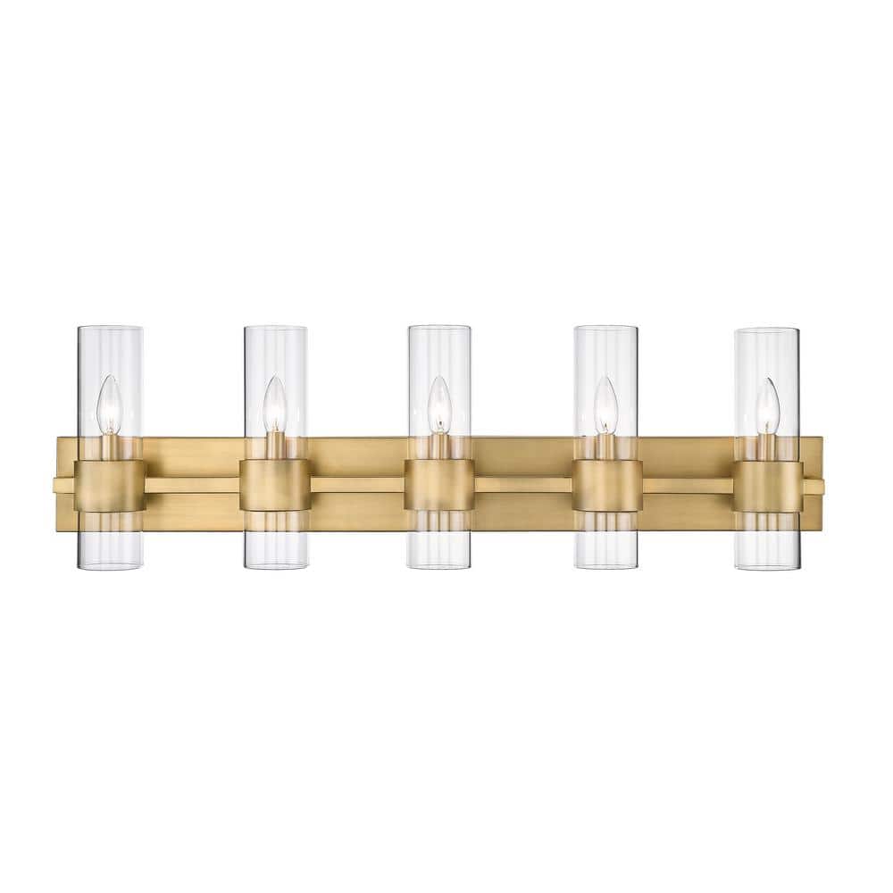 Lawson 38" Rubbed Brass 5-Light Vanity with Clear Glass Shades