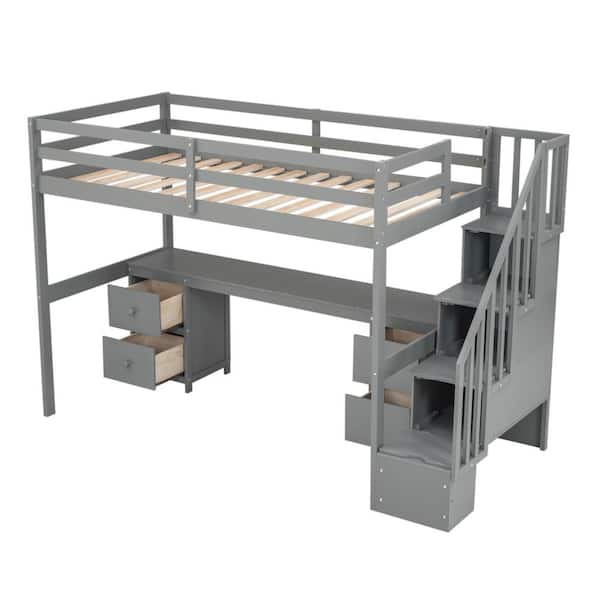 Twin Size Loft Bed Frame with Built-in Desk and Double Storage Drawers, Gray